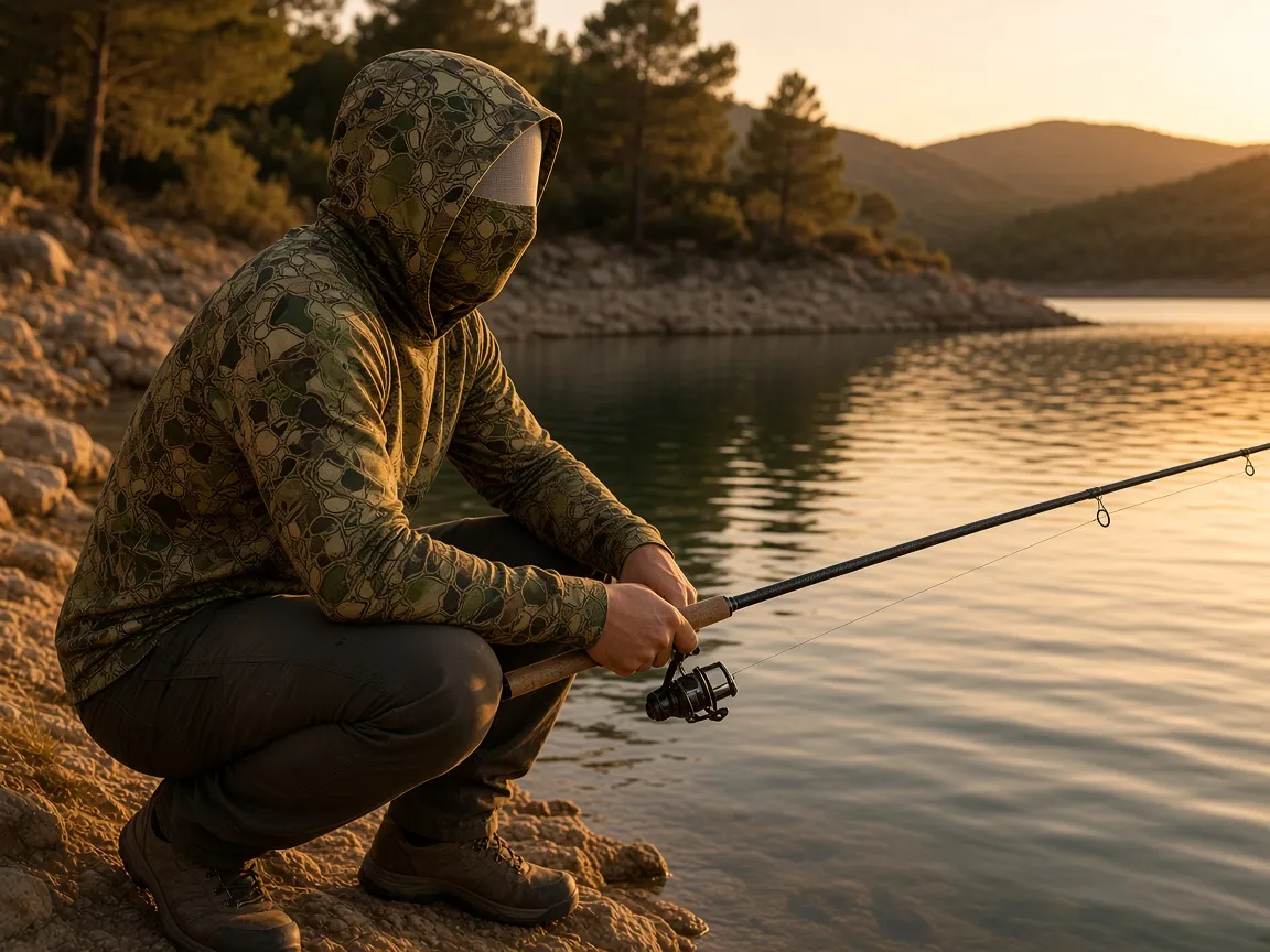 Sudadera de pesca con capucha y braga de cuello en camuflaje verde, imagen ilustrativa